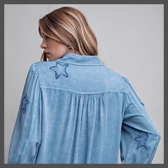 EASEL "STAR STRUCK" Embroidered Silk-Like Mineral Wash Button Up, Cuffs, Pockets - Picture 11 of 16